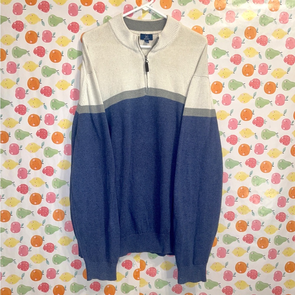 COMFY QUARTER ZIP CREAM AND BLUE SWEATER